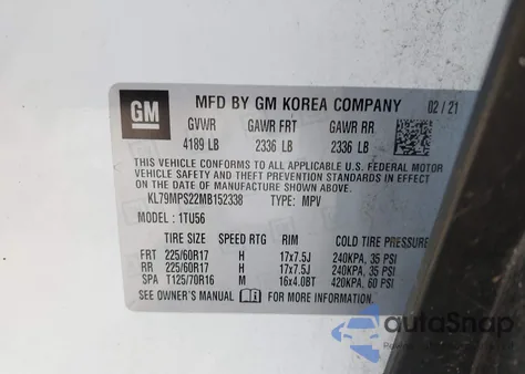 2021 Chevrolet Trailblazer Fwd Lt z USA, uszkodzony, nr VIN KL79MPS22MB152338